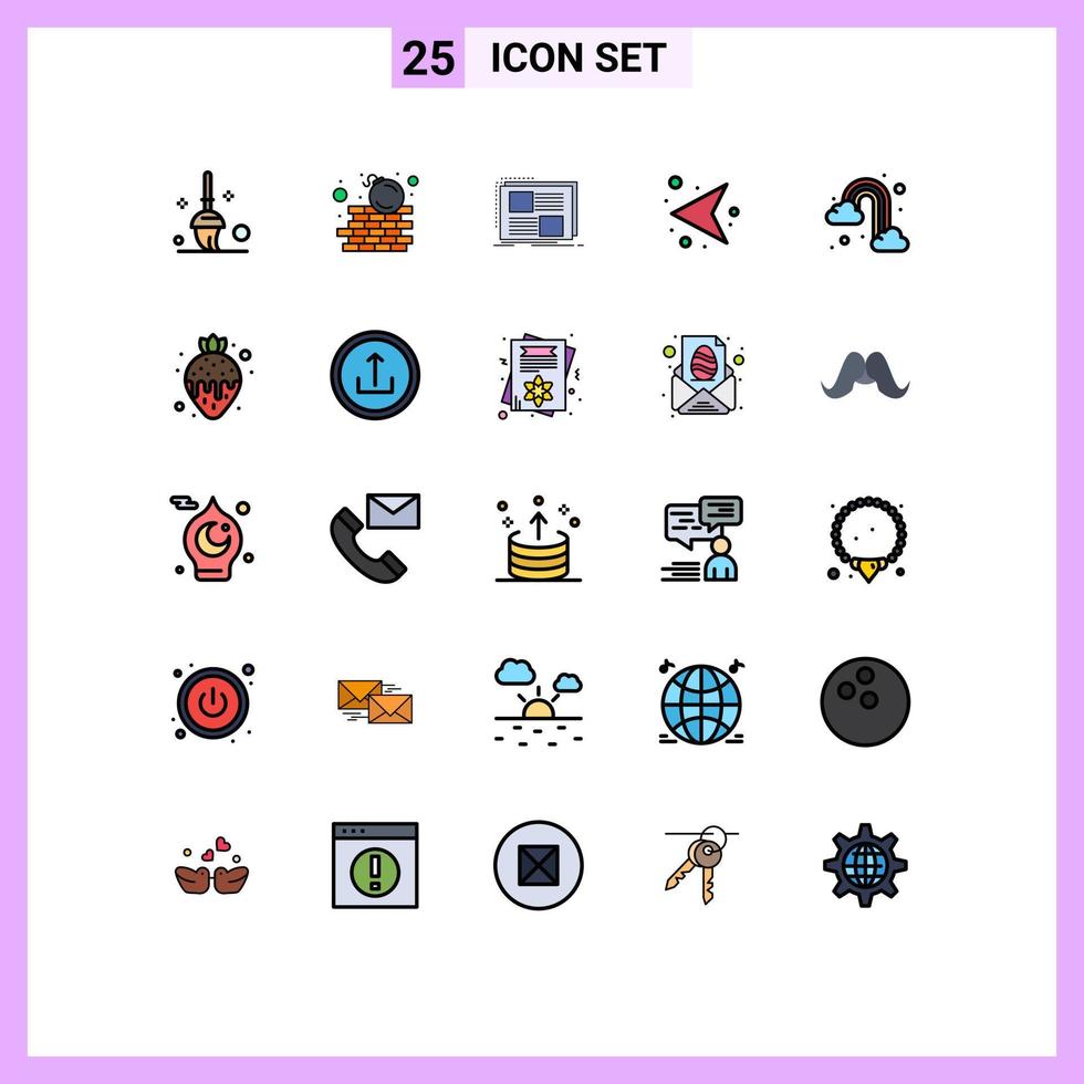paquete de 25 modernos signos y símbolos de colores planos de línea rellena para medios de impresión web, como flechas de red de diseño de arco iris a la izquierda, elementos de diseño de vectores editables