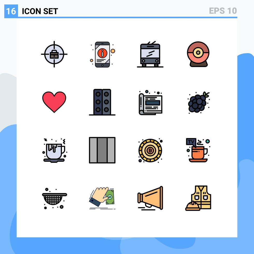 16 Universal Flat Color Filled Lines Set for Web and Mobile Applications biology sign trolley heart security Editable Creative Vector Design Elements