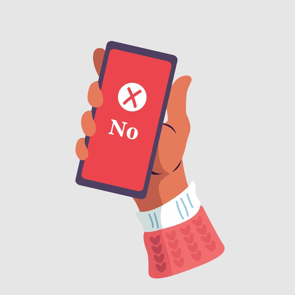 Hand holding a smartphone. Notification of non-acceptance message on mobile phone. Vector illustration.