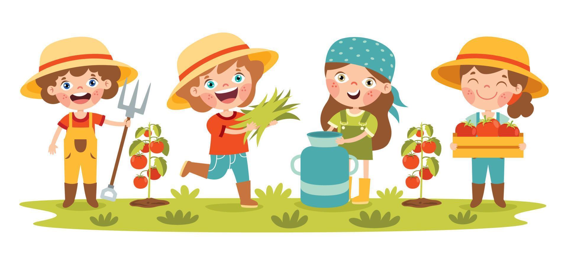 Farm Scene With Cartoon Kids vector