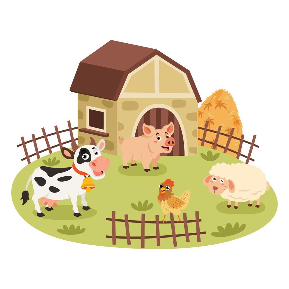 Farm Scene With Cartoon Animals vector