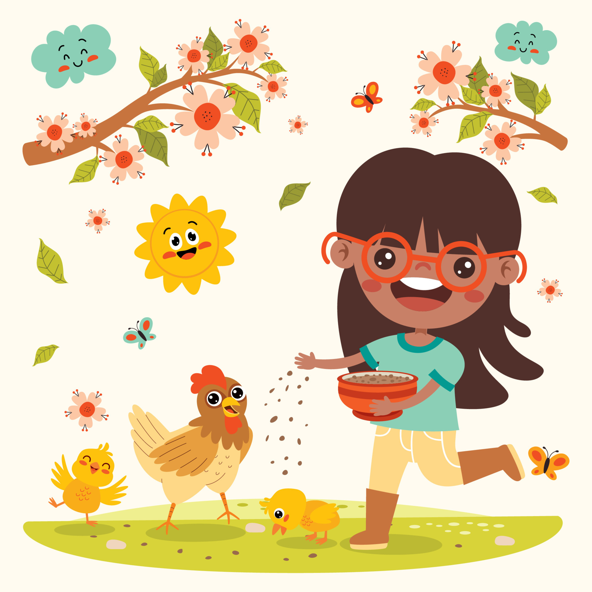 niño de dibujos animados alimentando pollo y pollitos 16268986 Vector
