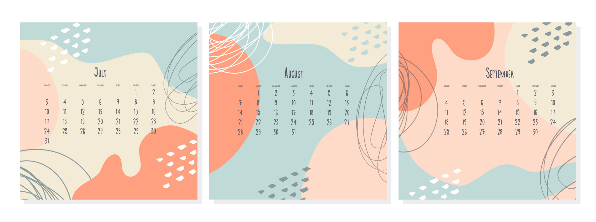 Set of 2023 calendar template by months july august september