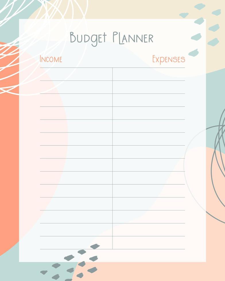 plantilla de planificador de presupuesto diseño de página de estilo boho abstracto, ingresos y gastos. vector