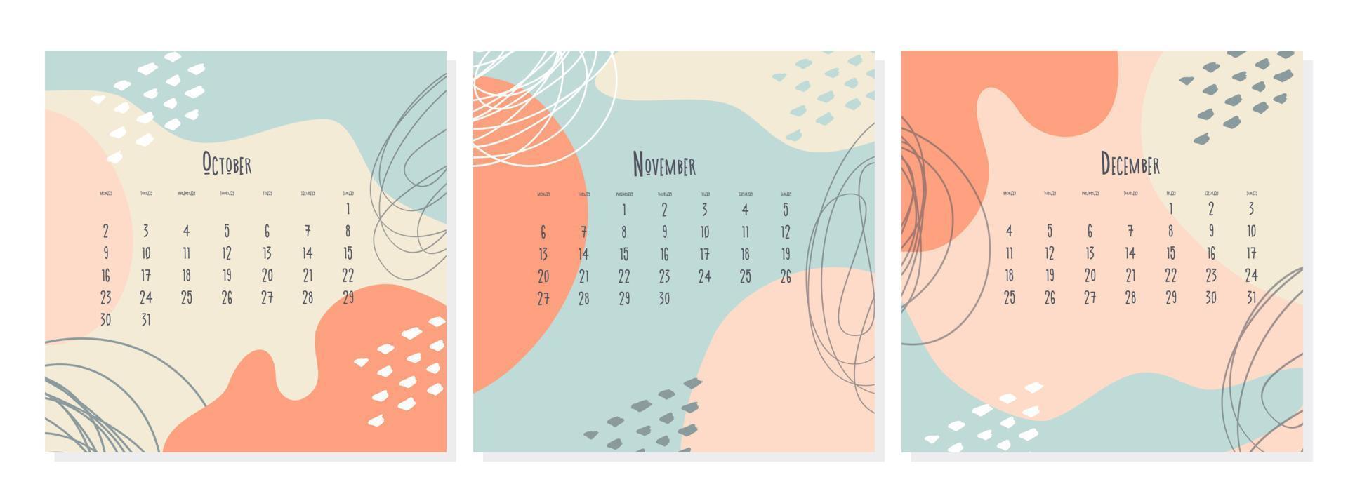 Set of 2023 calendar template by months October November December , calendar cover concept, boho style abstract illustration. vector