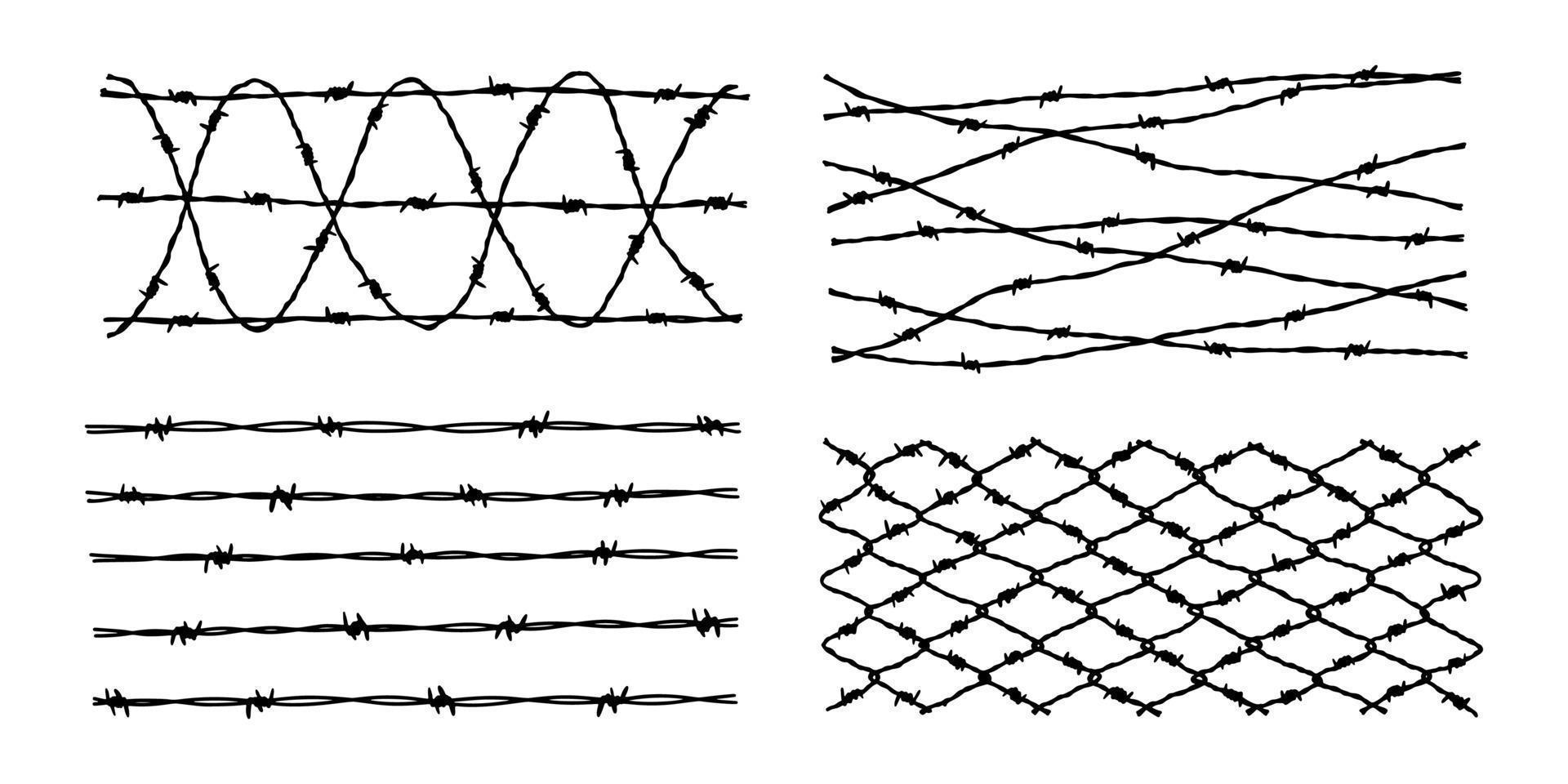 conjunto de fondos de cerca de alambre de púas. ilustración vectorial dibujada a mano en estilo boceto. elemento de diseño para conceptos militares, de seguridad, penitenciarios y de esclavitud vector