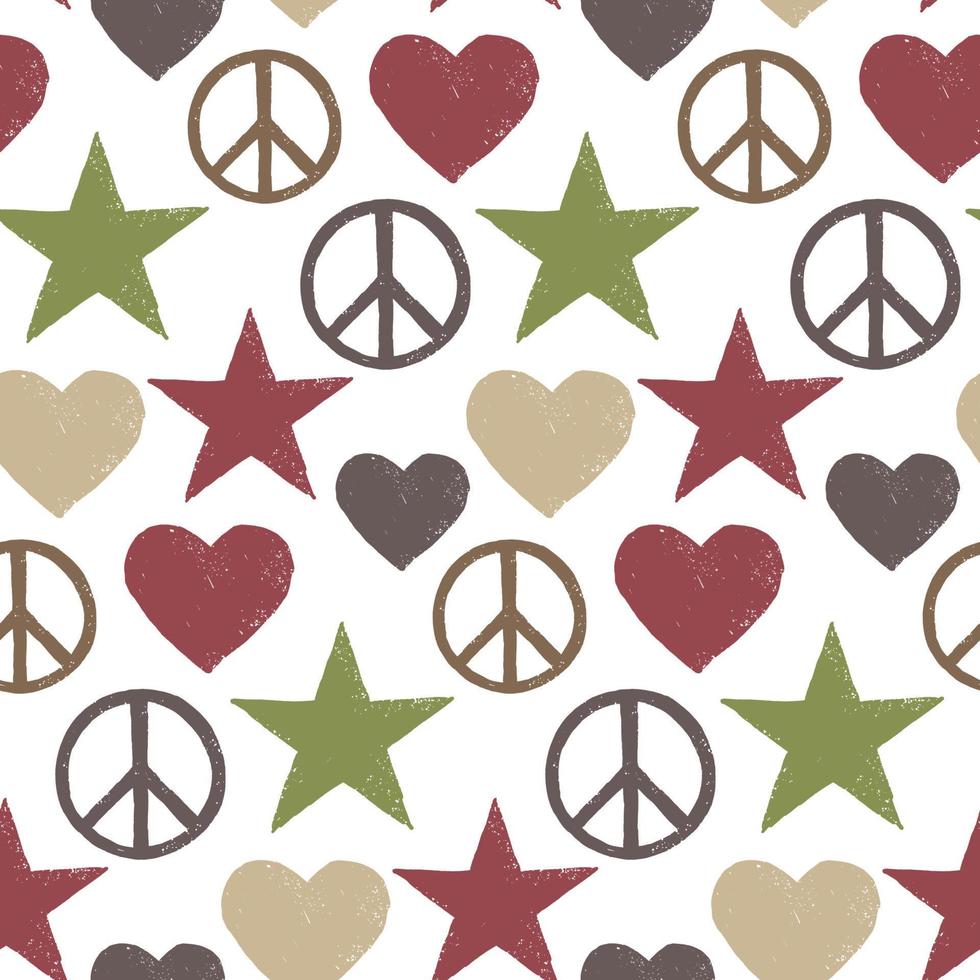 Textured seamless pattern with stars, peace sign and hearts. Vector illustration in sketch style