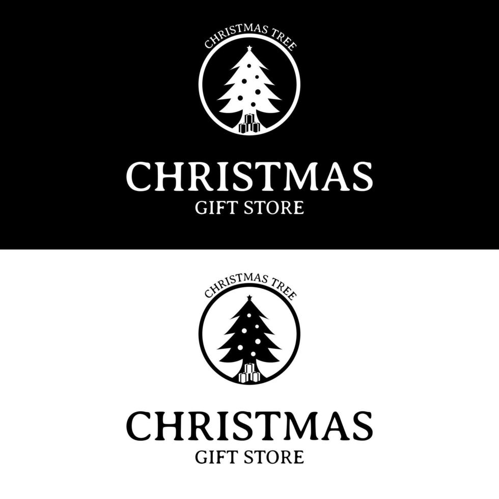 Christmas tree in circle shape silhouette for retro vintage classic gift store logo design icon vector