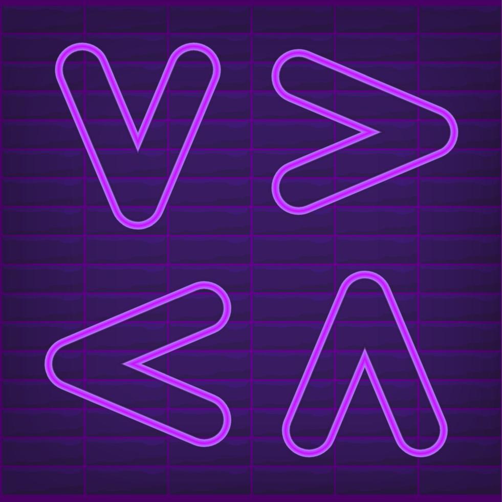 Neon light arrow purple glow sign for direction vector illustration set. Shine information element, navigation pointer, bright graphic object. Previous next left right up down button. Ui interface