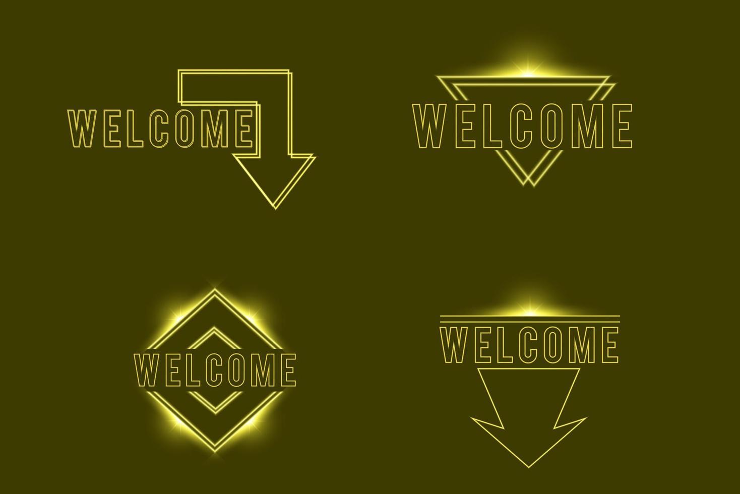 Yellow neon Welcome, glow arrow. Neon text of Welcome on black brick background, night ambience. Night vivid lights. Word, inscription and title with glow and illumination. Vector illustration