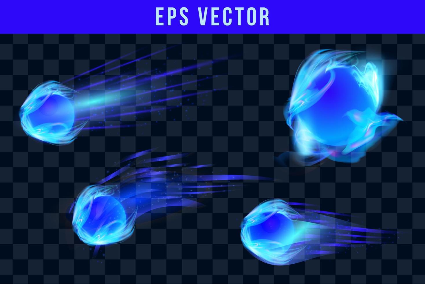 Blue fire flames on object with transparency isolated on checkered vector background. Special light effects for design and decoration. Fireball easy to use.