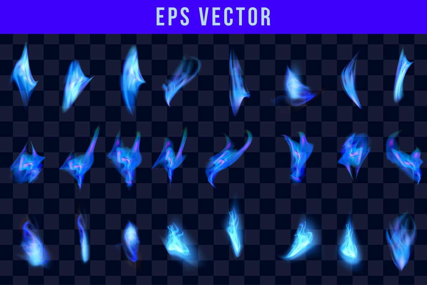 Blue fire flames realistic set of different forms and sizes on black background isolated vector illustration