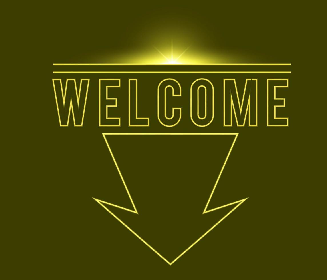 Yellow neon Welcome, glow arrow. Neon text of Welcome on black brick background, night ambience. Night vivid lights. Word, inscription and title with glow and illumination. Vector illustration