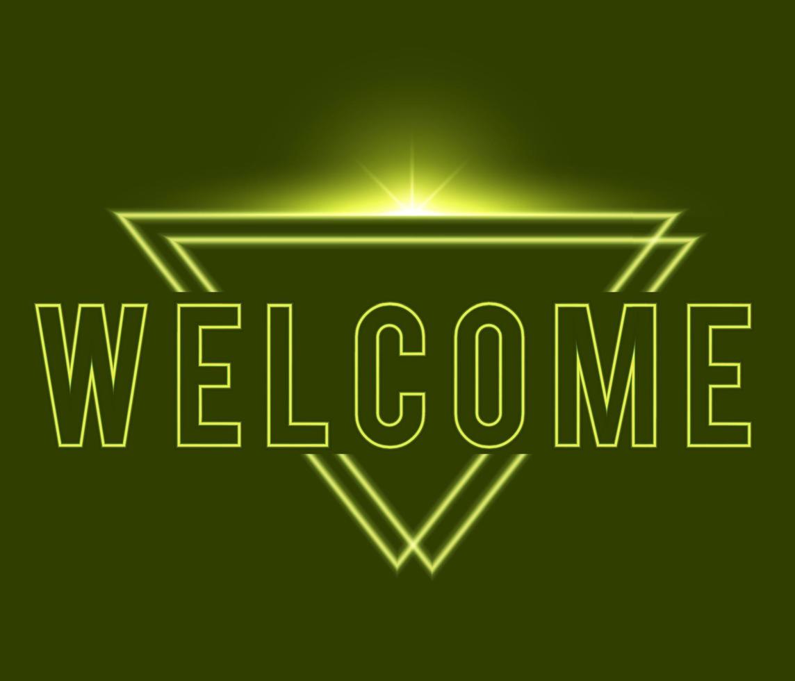 Yellow neon Welcome, glow arrow. Neon text of Welcome on black brick background, night ambience. Night vivid lights. Word, inscription and title with glow and illumination. Vector illustration