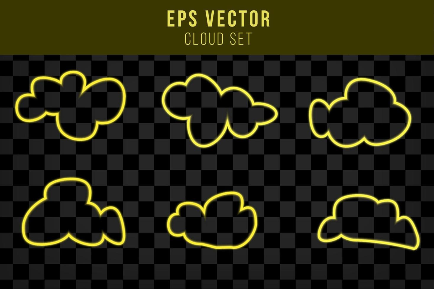 Set of yellow glow neon cloud isolated. Linear contour. Weather. Vector illustration