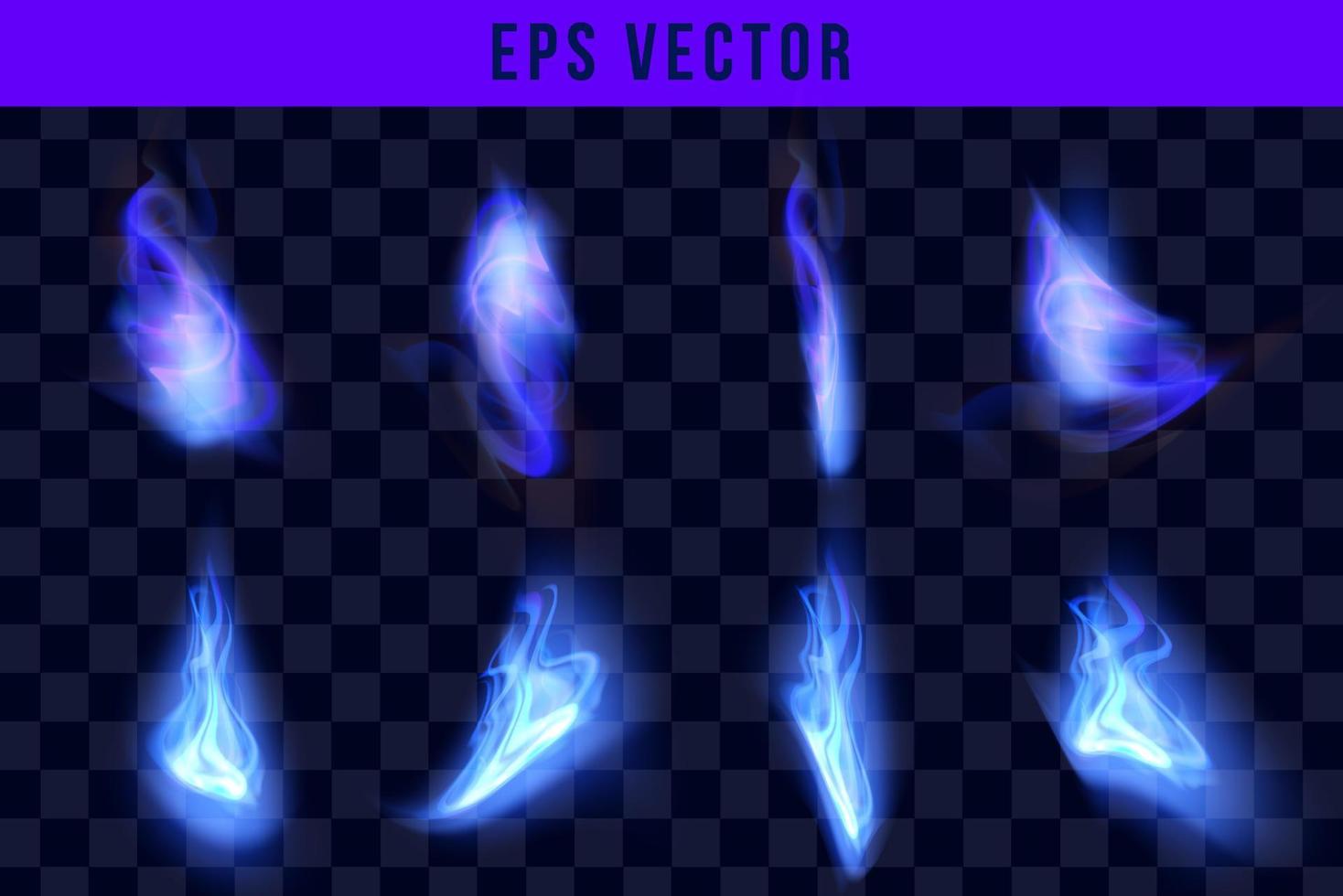 Blue fire flames realistic set of different forms and sizes on black background isolated vector illustration