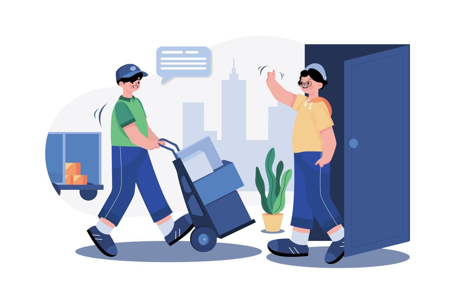 Delivery man pushes the hand truck trolley full of cardboard boxes hands package to a customer. vector