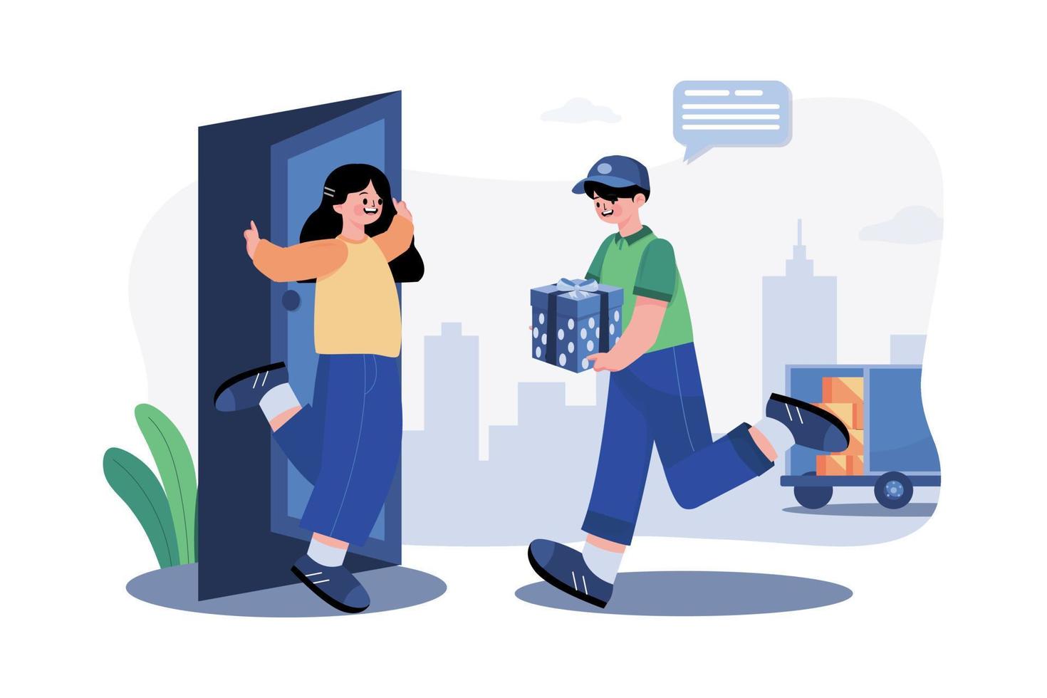 Delivery parcel to door. Courier presents box of recipient. vector