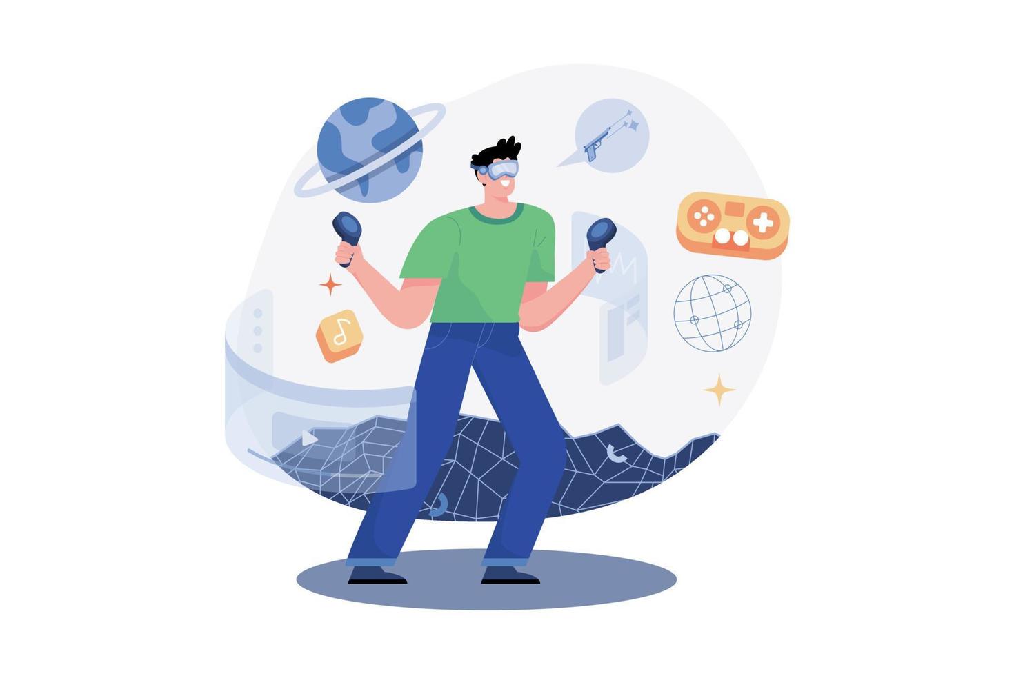 A man having fun playing metaverse VR virtual reality glasses vector