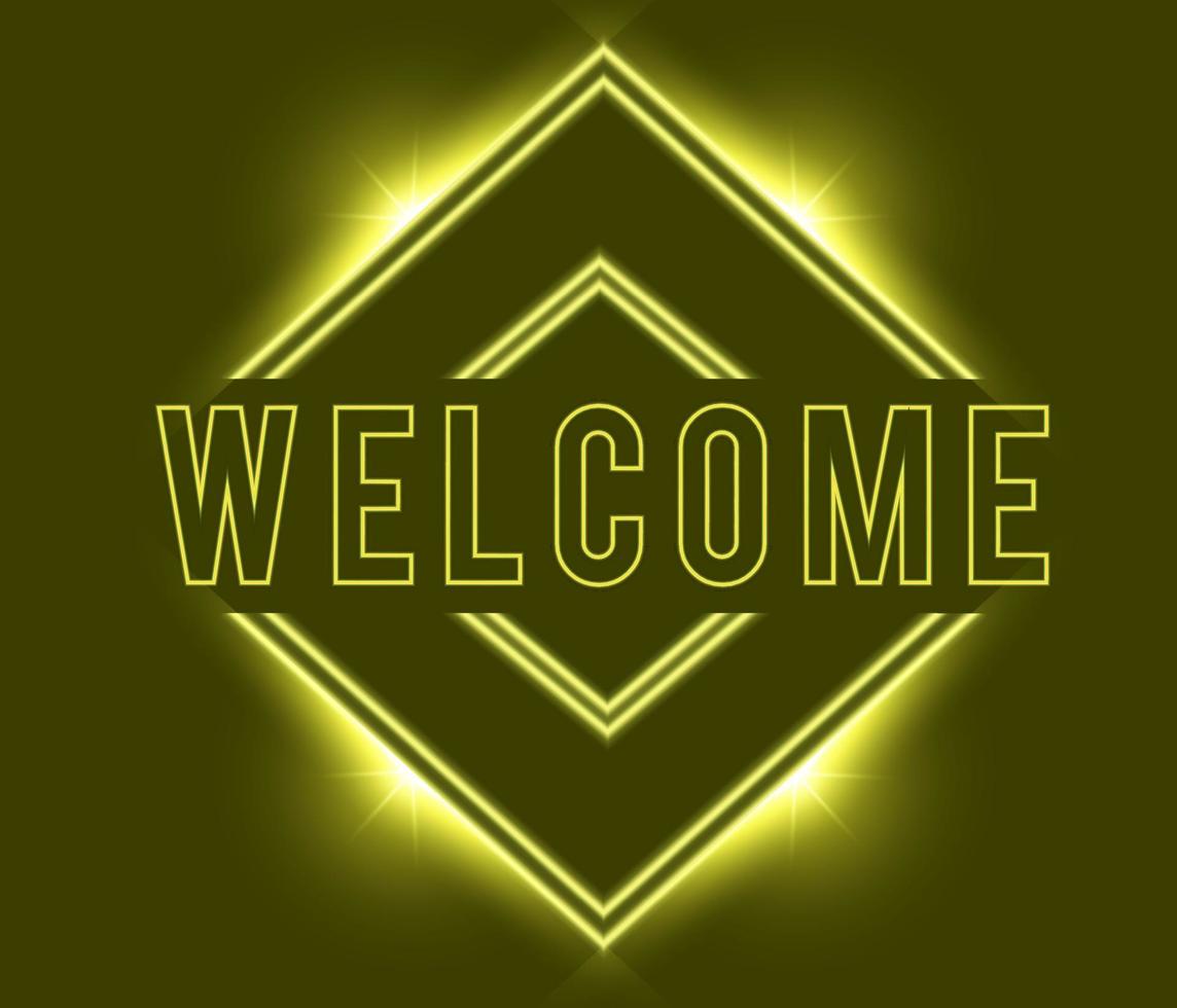 Yellow neon Welcome, glow arrow. Neon text of Welcome on black brick background, night ambience. Night vivid lights. Word, inscription and title with glow and illumination. Vector illustration