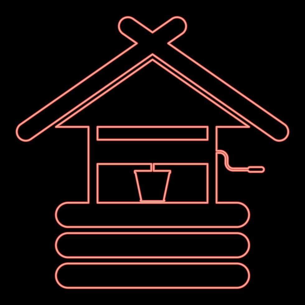 Neon drinking water well with bucket wooden material red color vector illustration image flat style