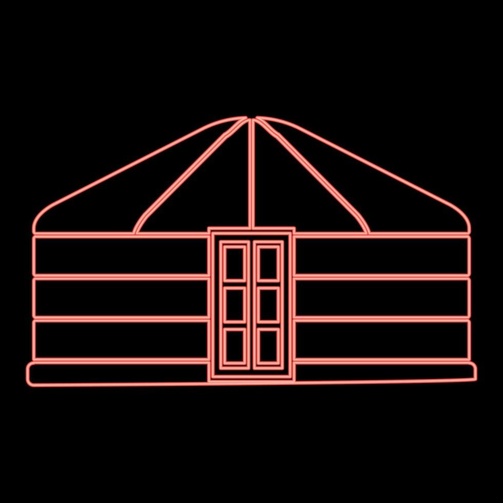 Neon yurt of nomads Portable frame dwelling with door Mongolian tent covering building red color vector illustration image flat style