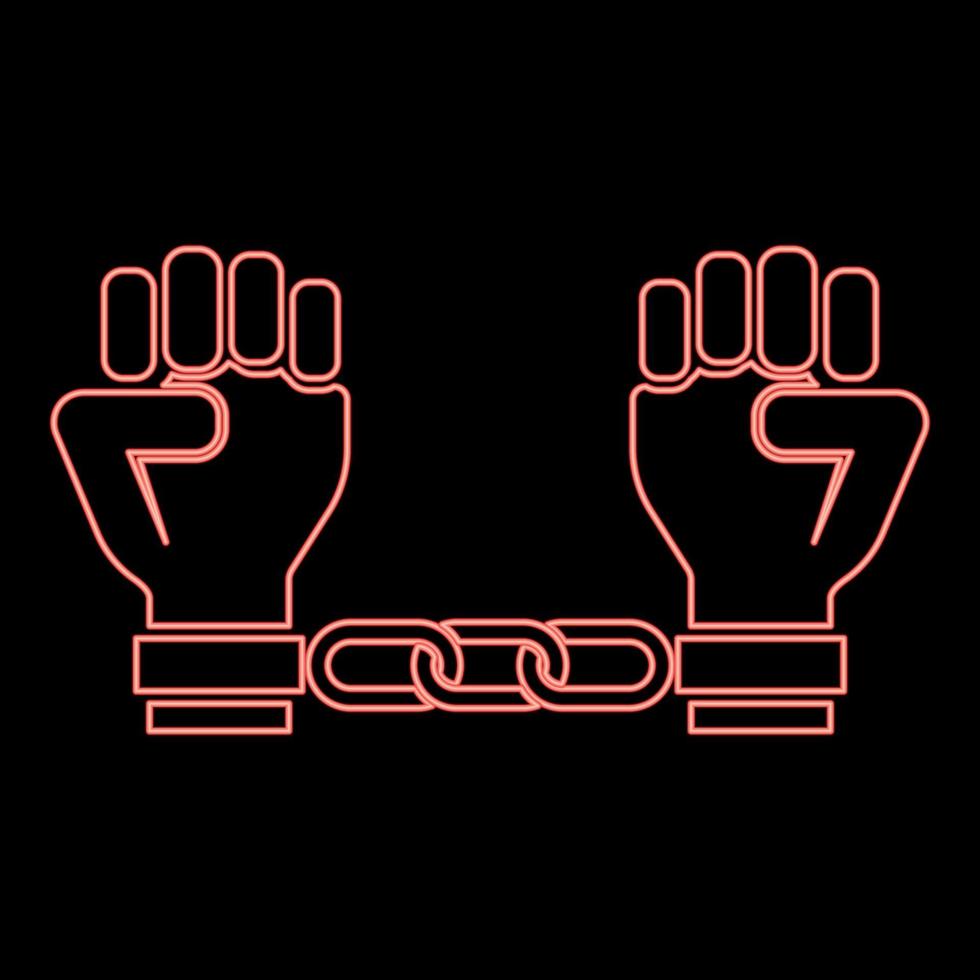 Neon handcuffed hands Chained human arms Prisoner concept Manacles on man Detention idea Fetters confine Shackles on person icon black color vector illustration flat style image red color vector