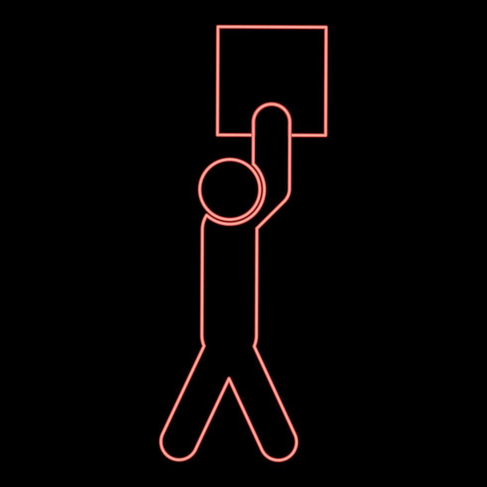 el hombre de neón lleva la carga en sus brazos por encima de sí mismo palo de trabajo en el paquete de entrega color rojo vector ilustración imagen estilo plano