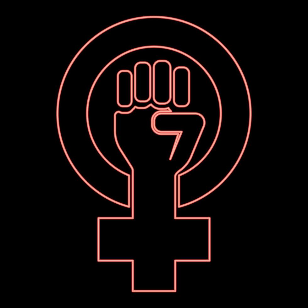 Neon symbol of feminism movement Gender women resist Fist hand in round and cross red color vector illustration image flat style
