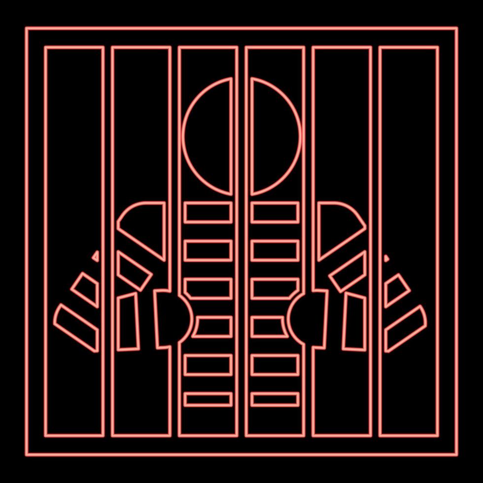 Neon prisoner behind bars holds rods with his hands Angry man watch through lattice in jail Incarceration concept red color vector illustration image flat style