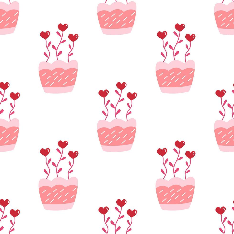 Seamless pattern. Flowers in pot. Shape of heart. Vector