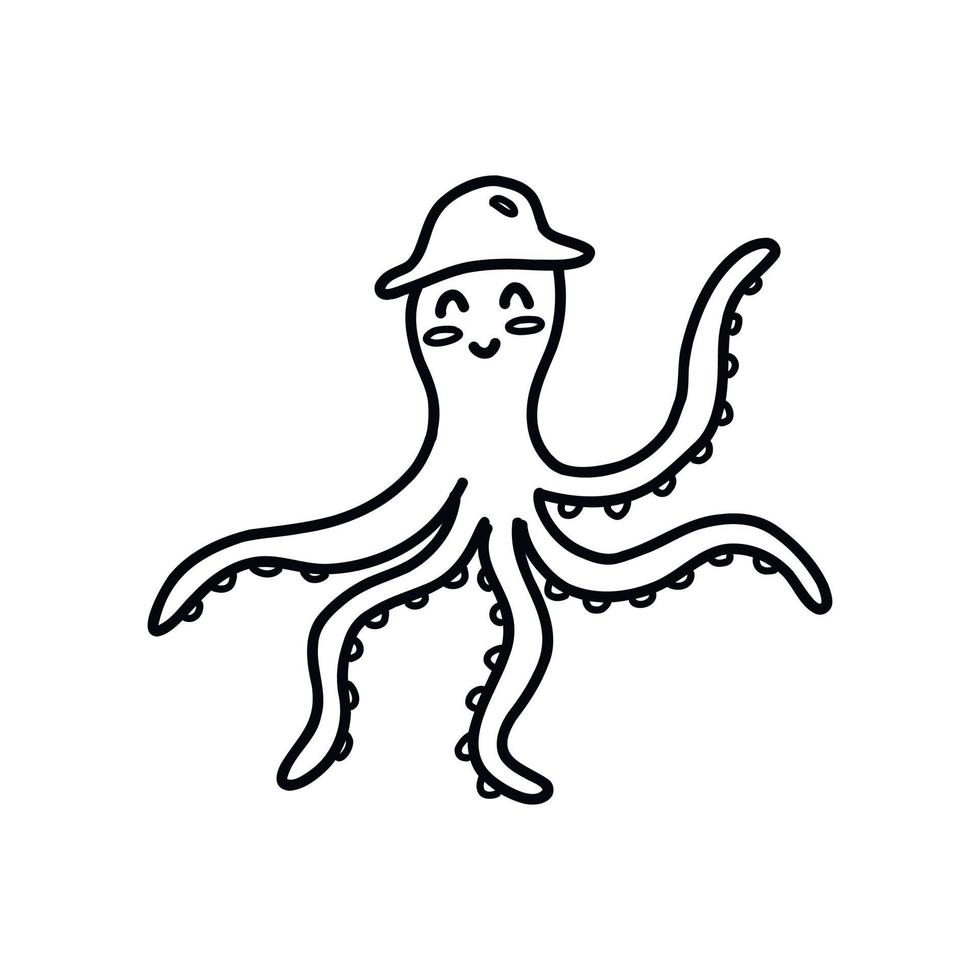 pulpo feliz en un sombrero. garabato vectorial vector