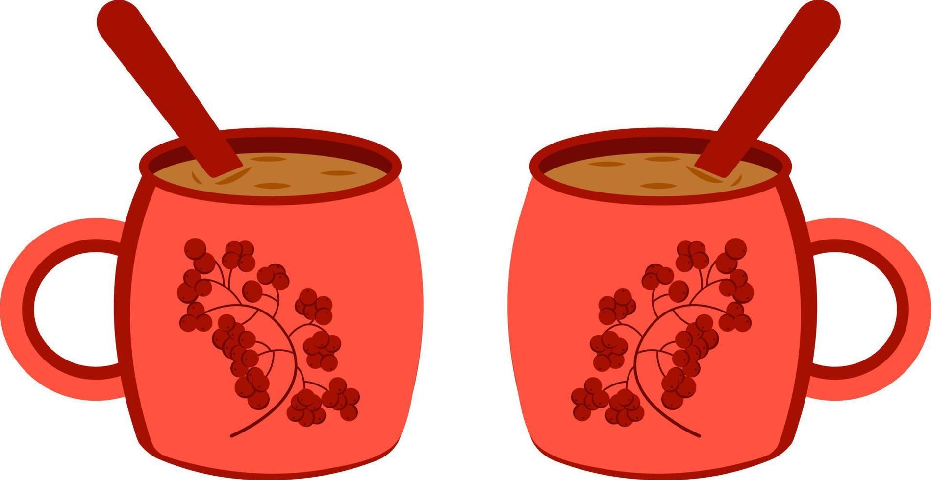 Two mugs with a hot drink and a rowan illustration vector