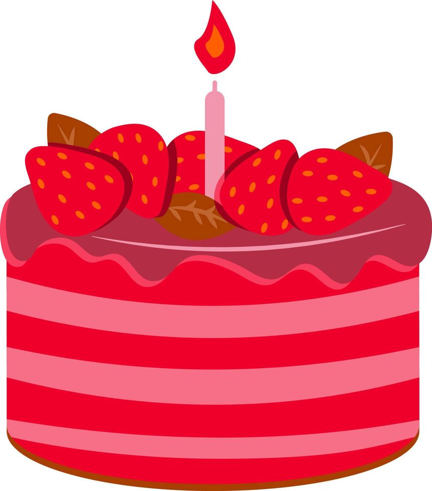 Birthday cake with strawberries and a burning candle. Delicious dessert for the holiday. Colorful vector isolated cartoon illustration