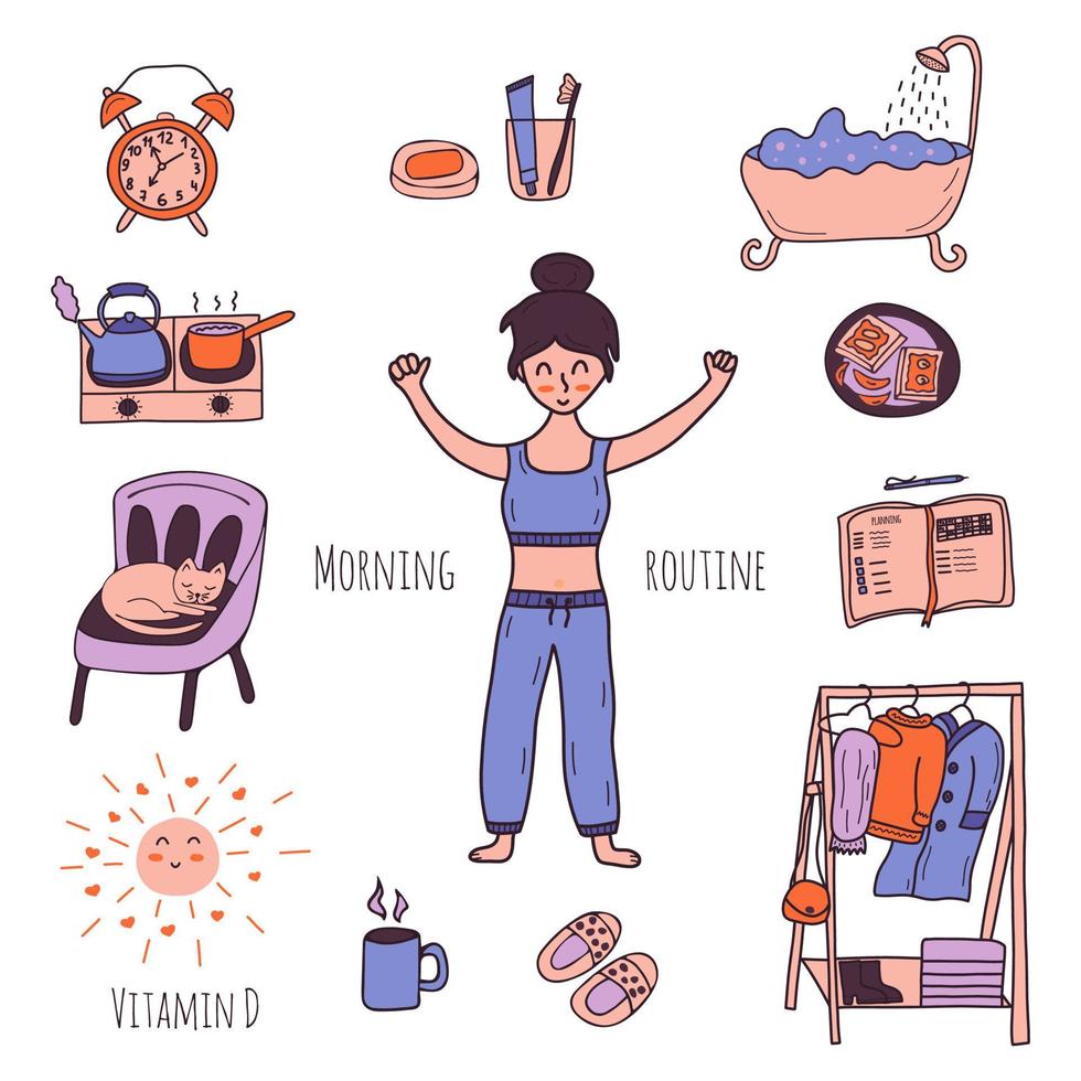 Morning routine elements set. Vector hand drawn