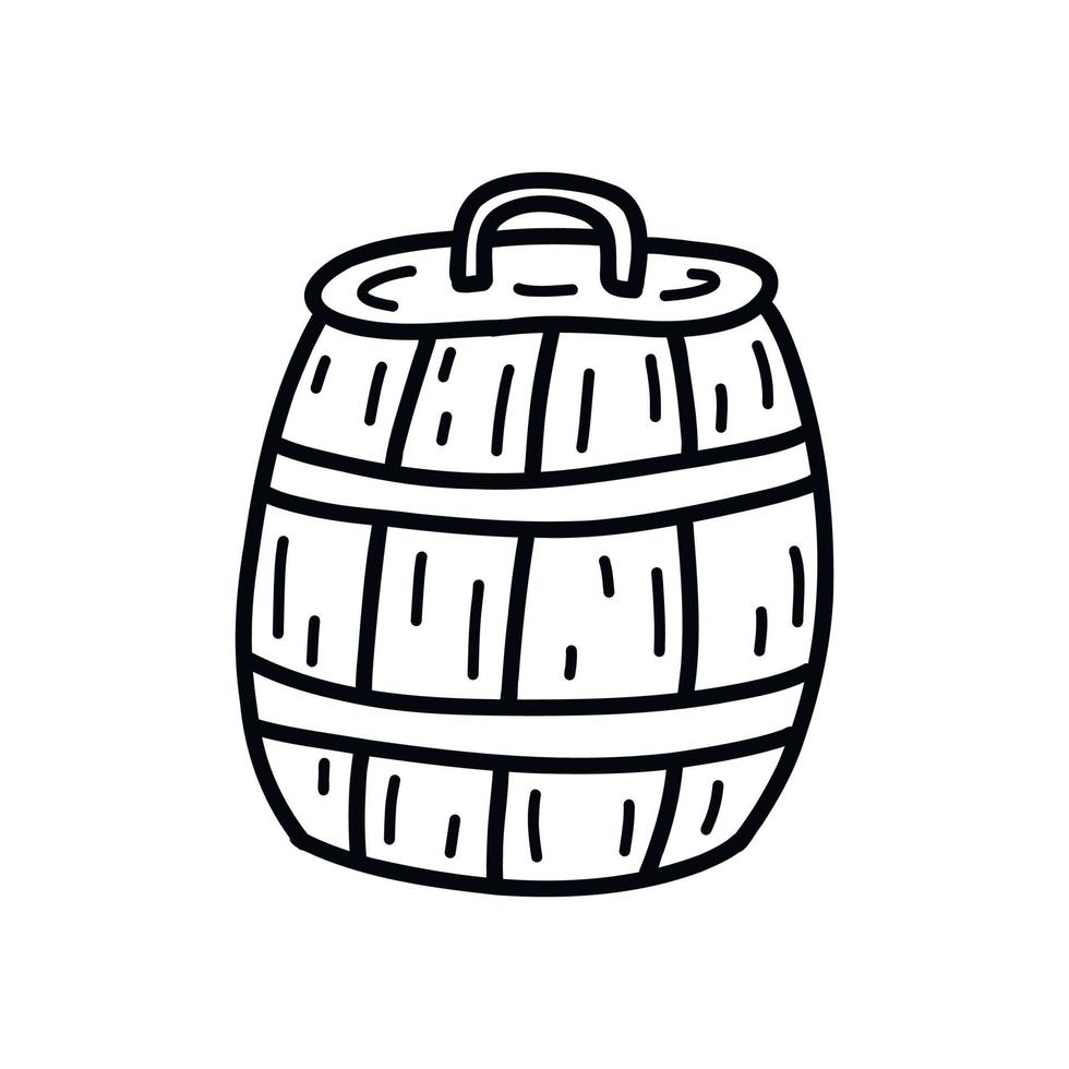 Wooden barrel with lid, tub. Vector doodle