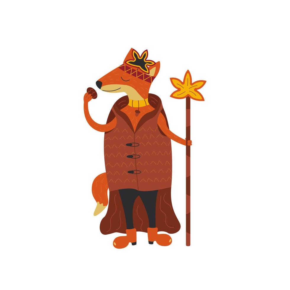 Red fox king is holding a cookie. Vector cartoon