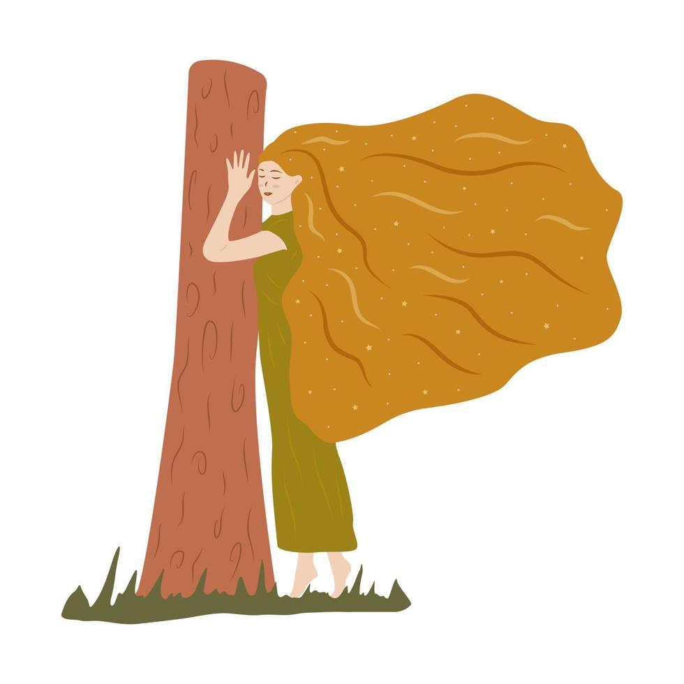 Girl hugs a tree. Vector hand drawn