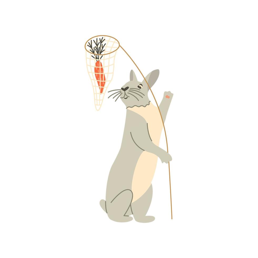 Cute bunny holds a carrot. Vector hand drawn