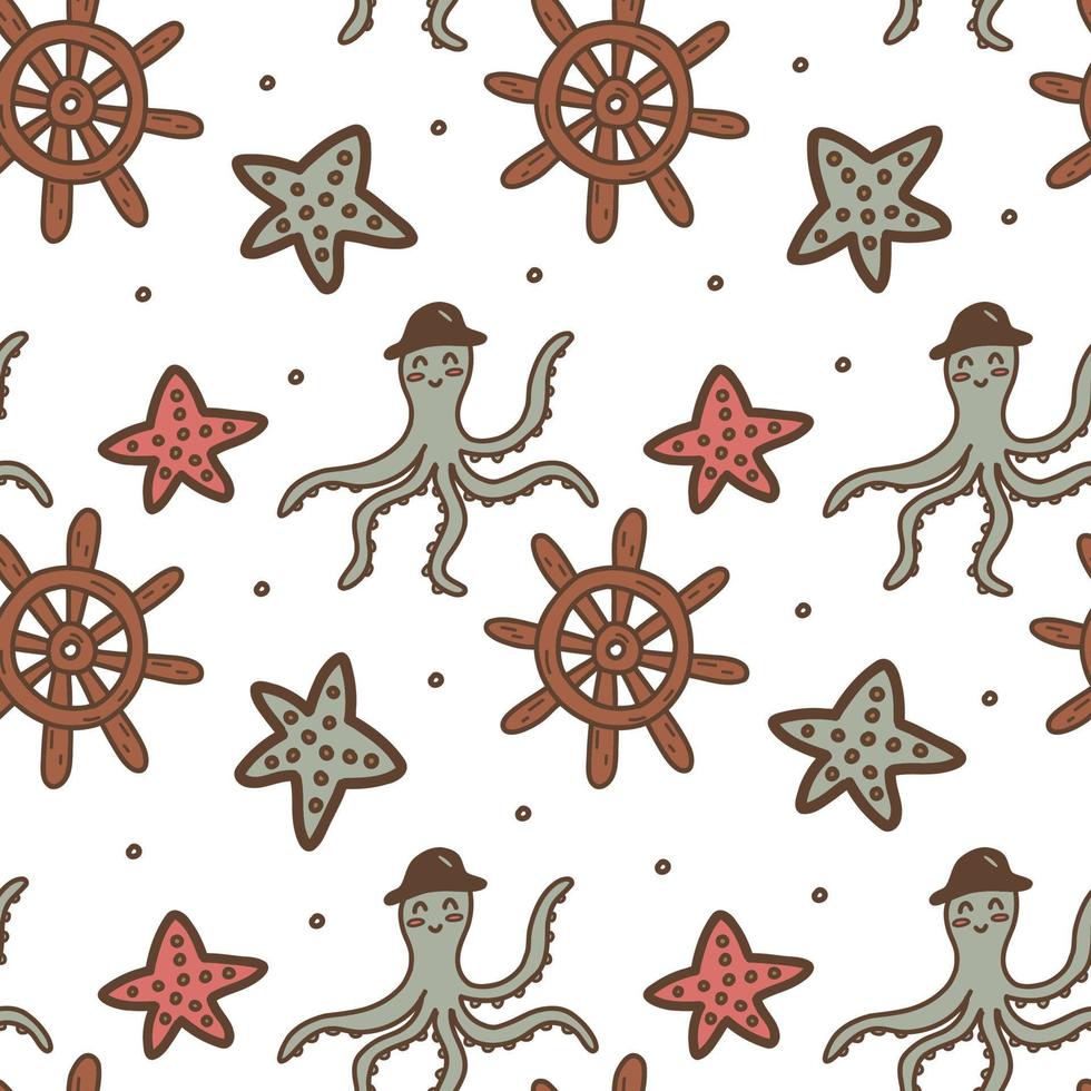 Seamless pattern. Happy octopus, steering wheel and starfish. Vector
