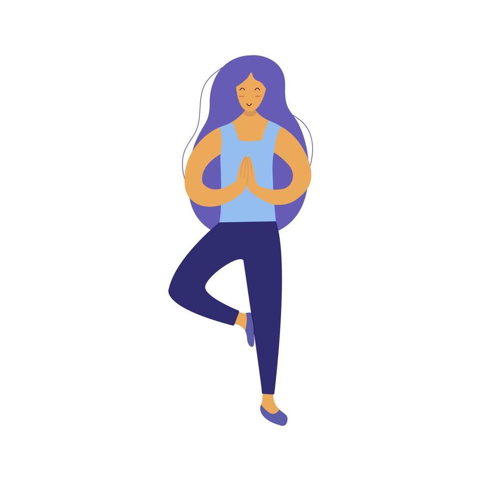 Girl meditates standing in pose with bent leg. Flat vector