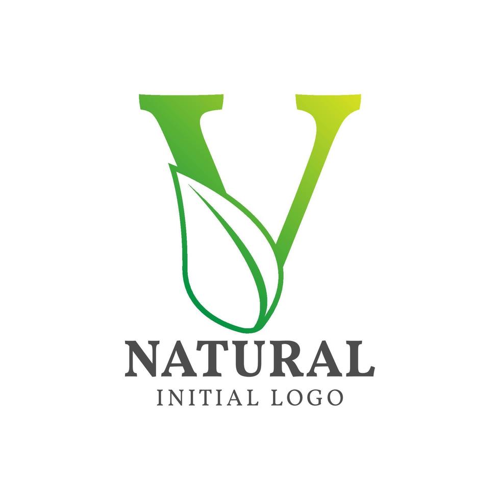 letter V with leaf natural initial vector logo design