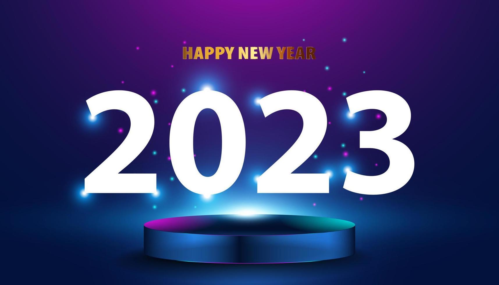 resumen feliz año nuevo 2023 base simulada, escenario, podio con hermosa iluminación, futurista para el fondo, moderno, círculo, tecnología, fondo negro, rosa y morado, neón brillante. vector