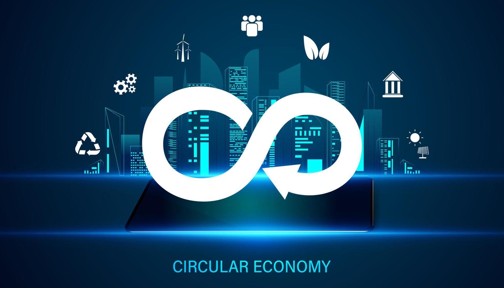 símbolos e iconos abstractos de la economía circular medio ambiente reciclar energía limpia gobierno protección ambiental fondo de ciudad inteligente, concepto de economía circular circulando el uso de recursos naturales vector