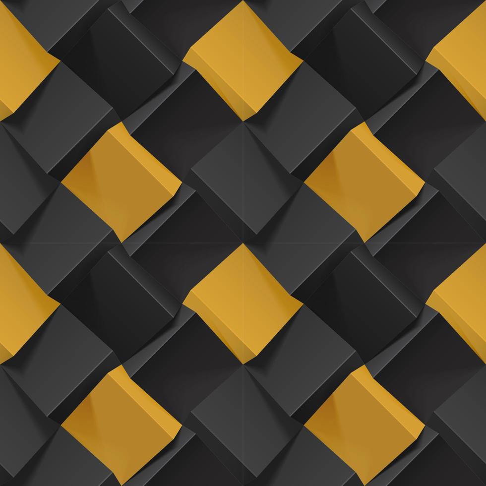 Volumetric abstract texture with black and gold cubes. Realistic geometric seamless pattern for backgrounds, wallpaper, textile, fabric and wrapping paper. Vector photo-realistic illustration.