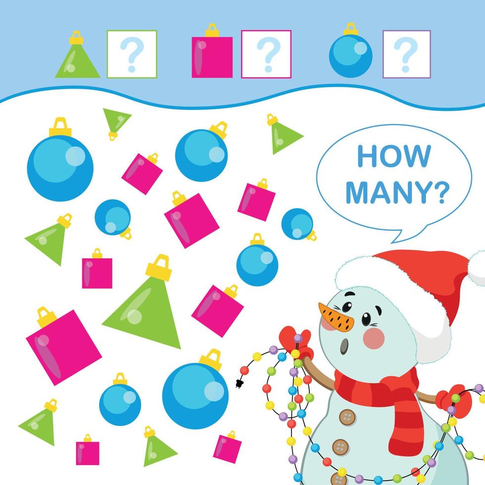 Math Game For Kids. How Many Christmas Balls. Snowman And Christmas vector