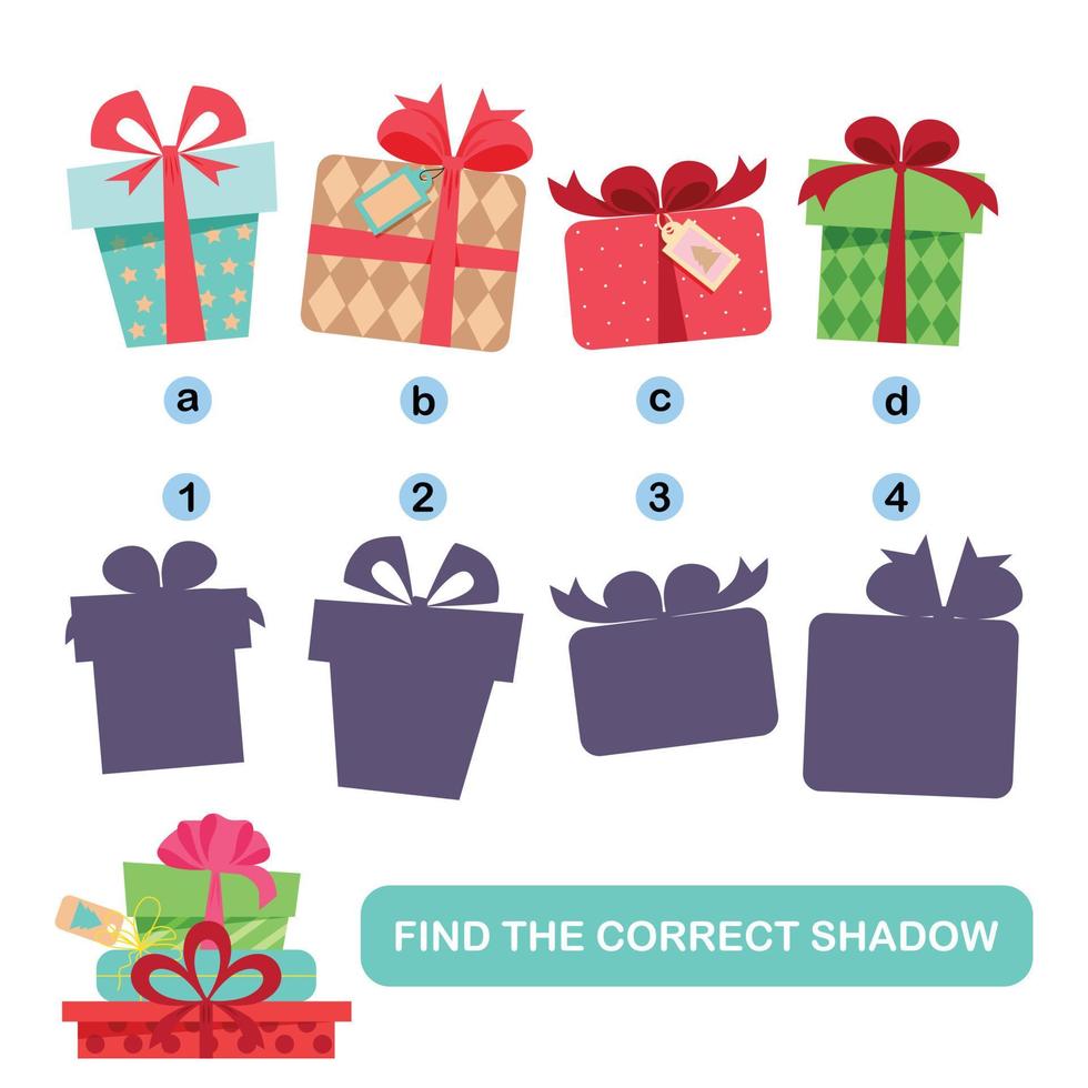 Educational Game for Kids. Match the Gift Box With the Matching Shadow vector