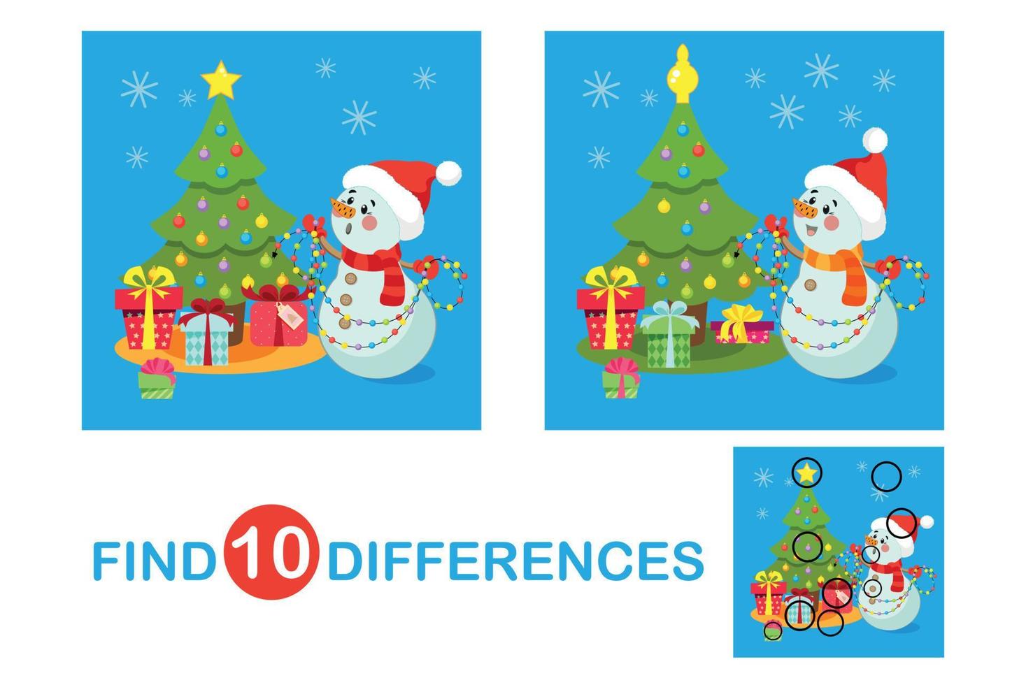 Find Differences. Cute Snowman Decorates the Christmas Tree vector