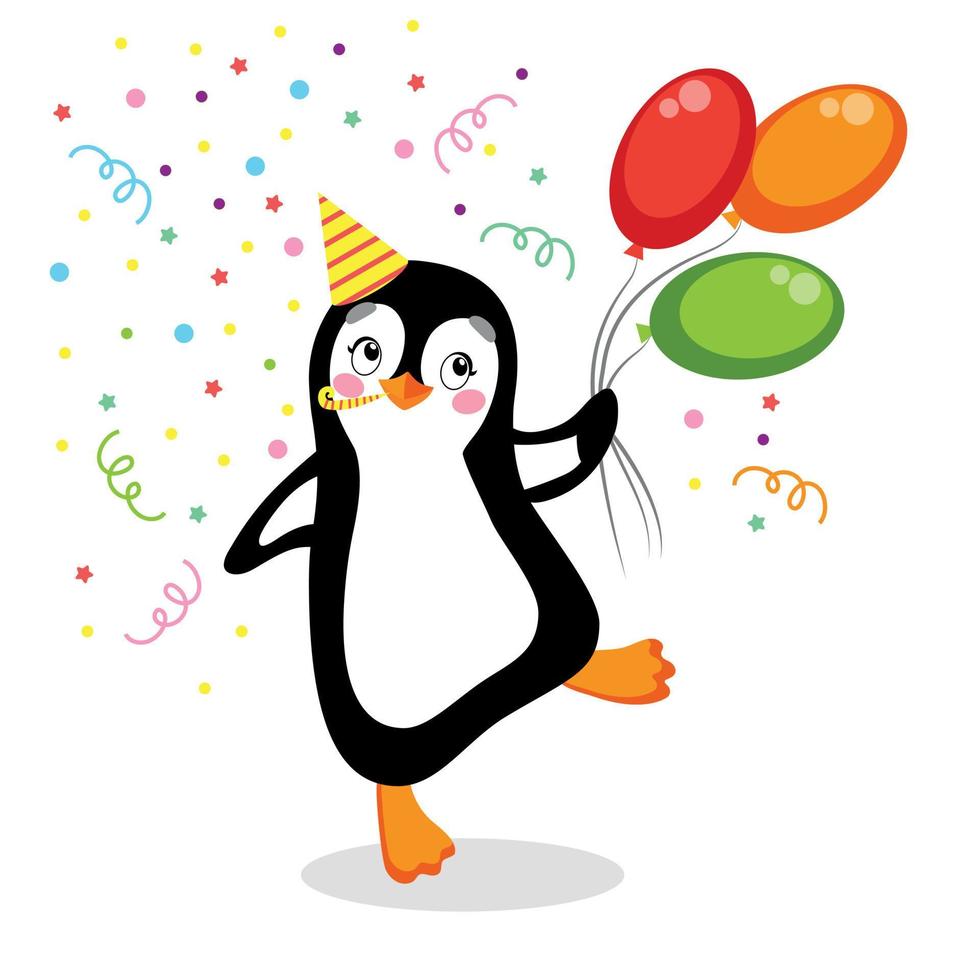 Pingüino en estilo de cumpleaños de fondo blanco, con globos, confeti, vector