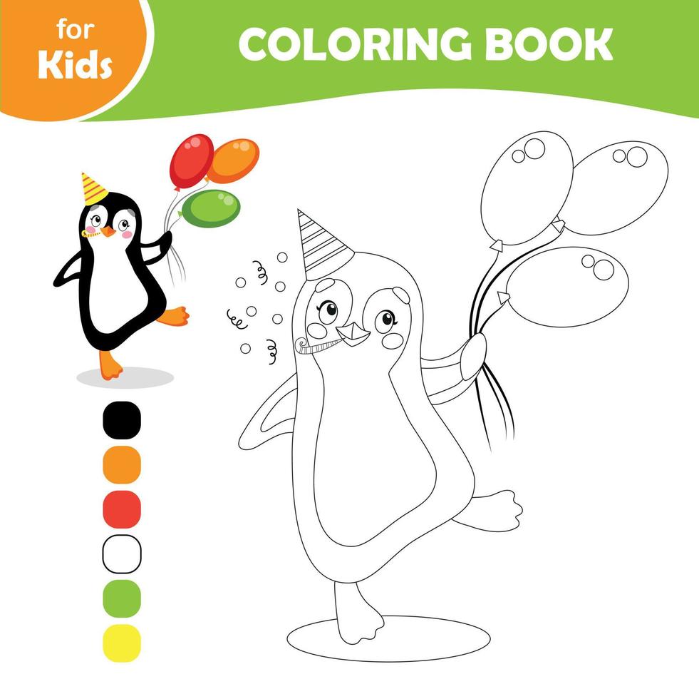 libro para colorear para niños. lindo pingüino en estilo de cumpleaños y vacaciones vector